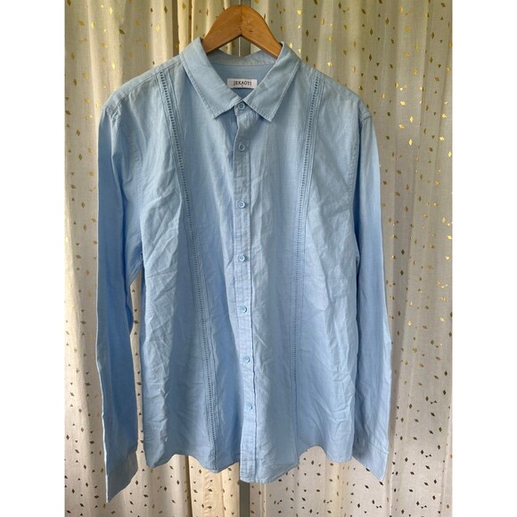 JEKAOYI Blue Cotton Linen Blend Button Down Long Sleeve Dress Shirt L - Picture 2 of 6